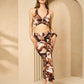 Halter neck floral printed skirt set in Brown
