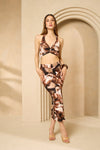 Halter neck floral printed skirt set in Brown