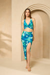 Halter neck floral printed skirt set in Blue