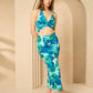 Halter neck floral printed skirt set in Blue