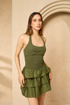 Halter neck layered dress in Khaki