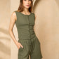 Front button vest short set in Khaki