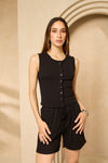 Front button vest short set in Black