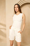 Front button vest short set in White