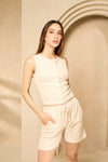 Front button vest short set in Beige