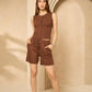 Front button vest short set in Brown