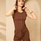 Front button vest short set in Brown