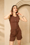 Front button vest short set in Brown