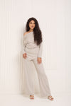 Soft ribbed off the shoulder co ord in Beige