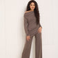 Soft ribbed off the shoulder co ord in Taupe