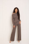 Soft ribbed off the shoulder co ord in Taupe