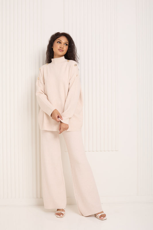 Gold button shoulder detail co-ord in Beige