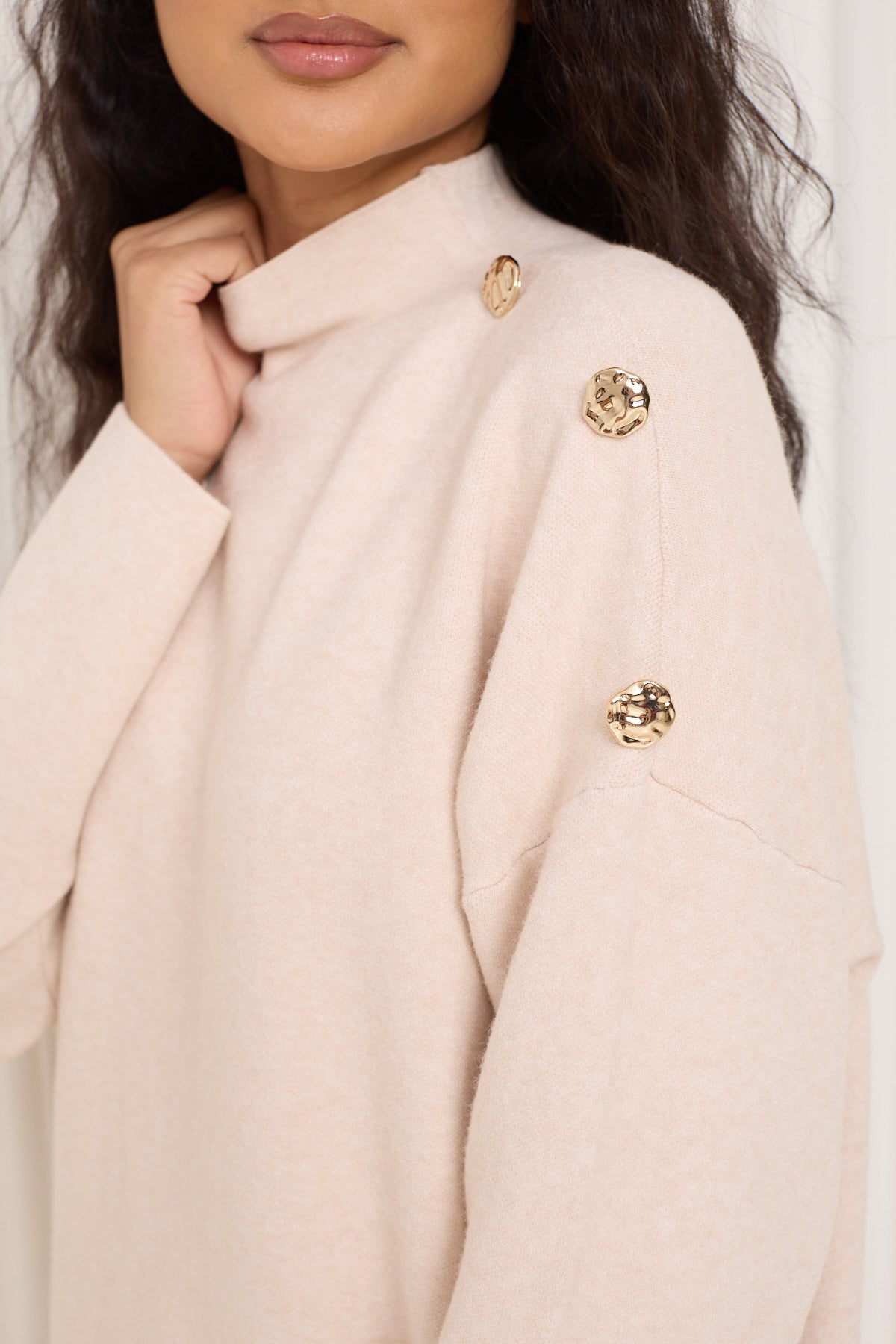 Gold button shoulder detail co-ord in Beige