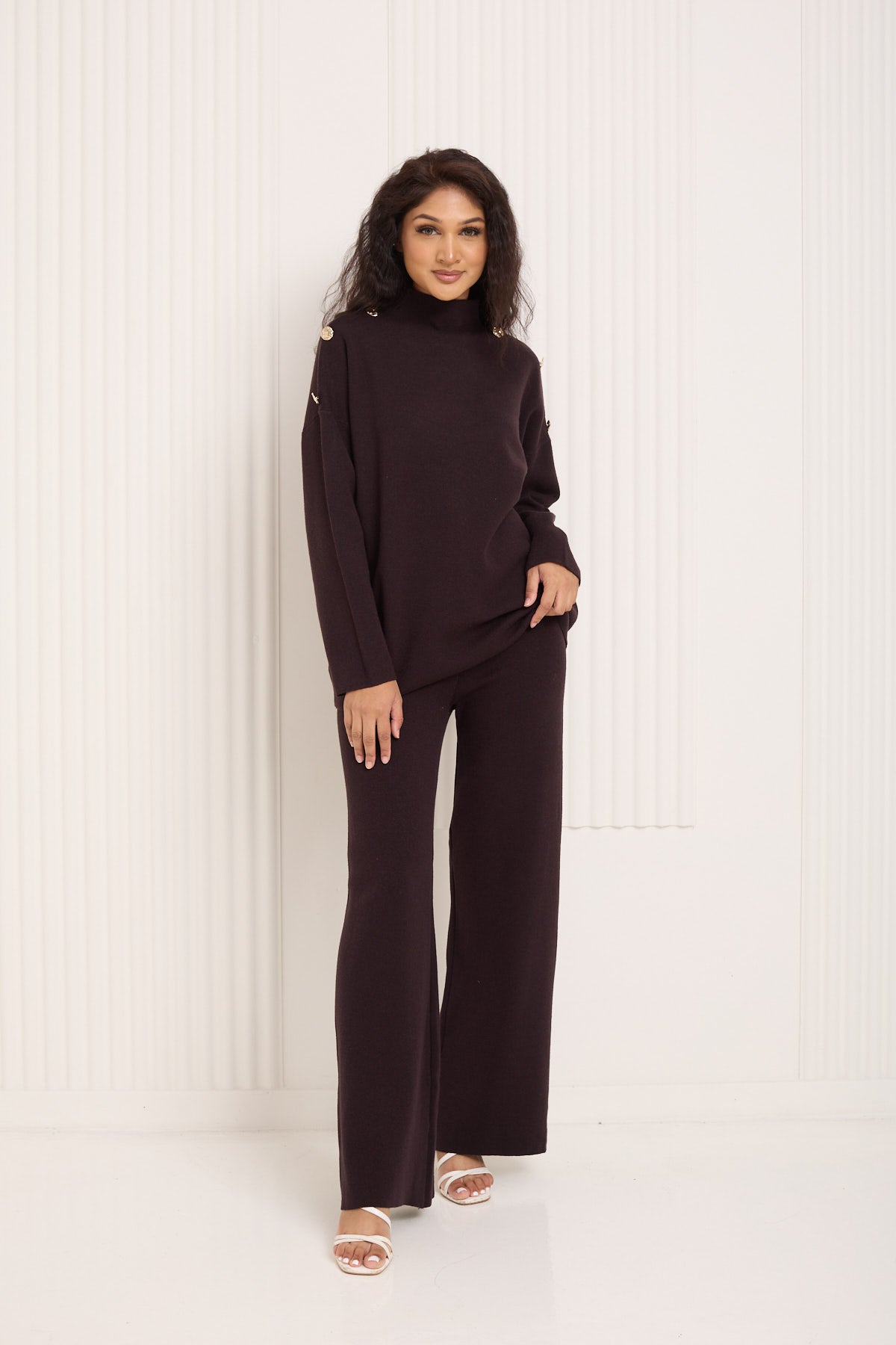 Gold button shoulder detail co-ord in Choco