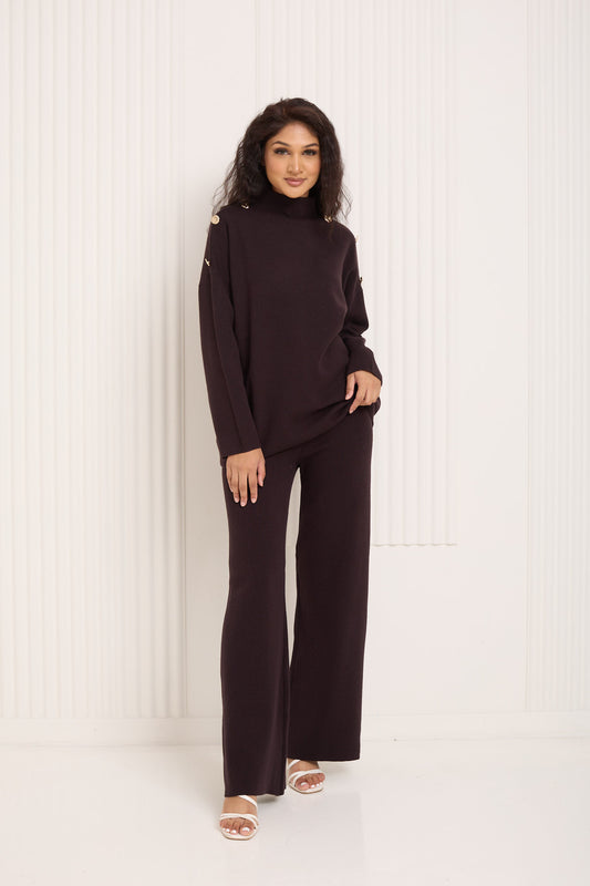 Gold button shoulder detail co-ord in Choco