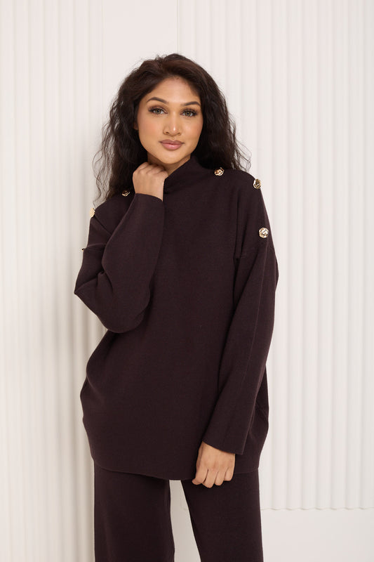 Gold button shoulder detail co-ord in Choco
