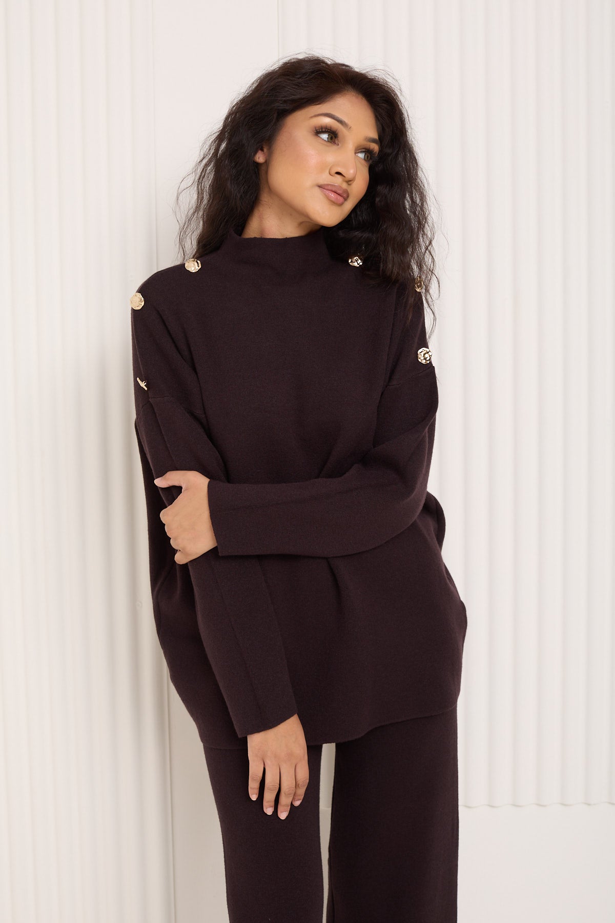 Gold button shoulder detail co-ord in Choco
