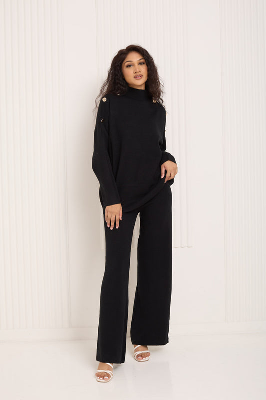 Gold button shoulder detail co-ord in Black