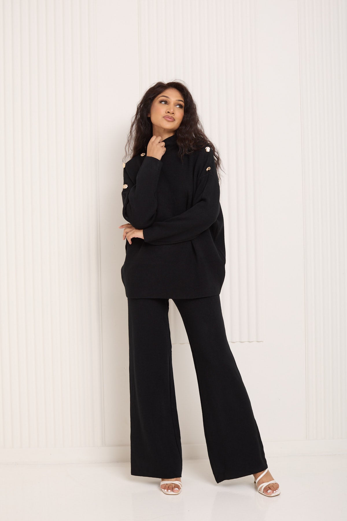 Gold button shoulder detail co-ord in Black