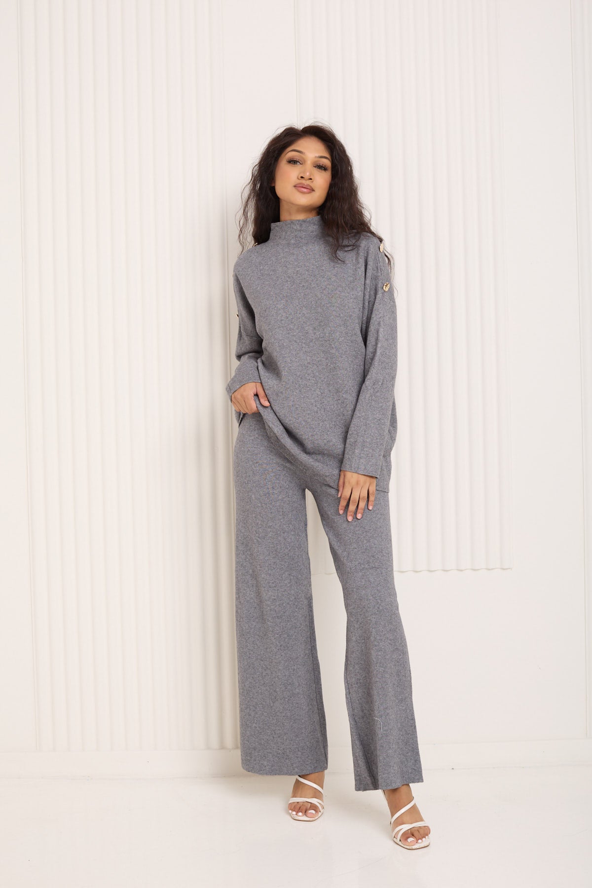Gold button shoulder detail co-ord in Grey