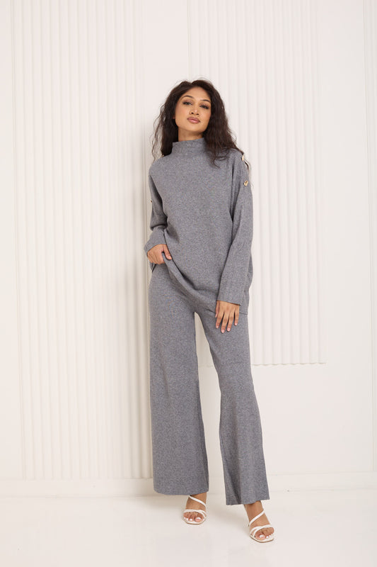 Gold button shoulder detail co-ord in Grey