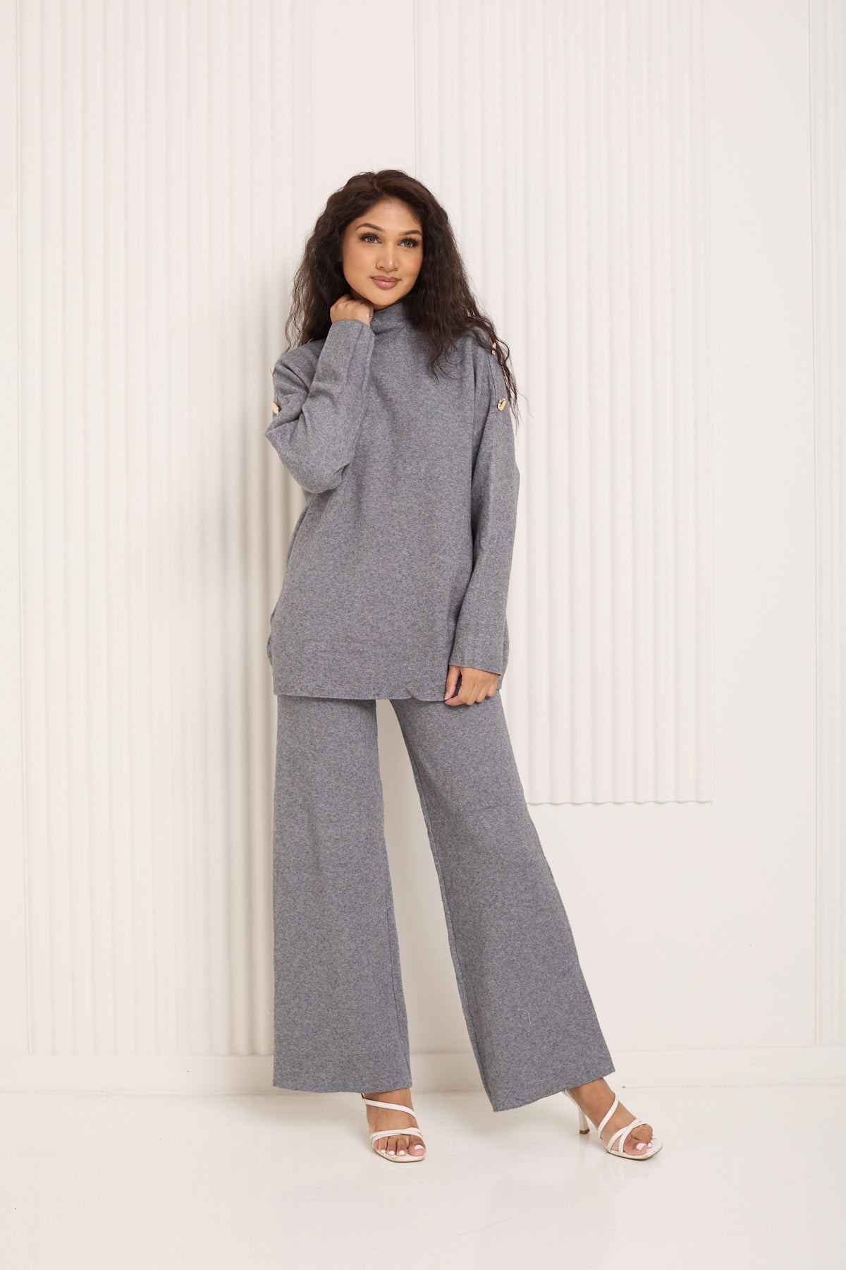 Gold button shoulder detail co-ord in Grey