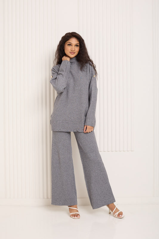 Gold button shoulder detail co-ord in Grey
