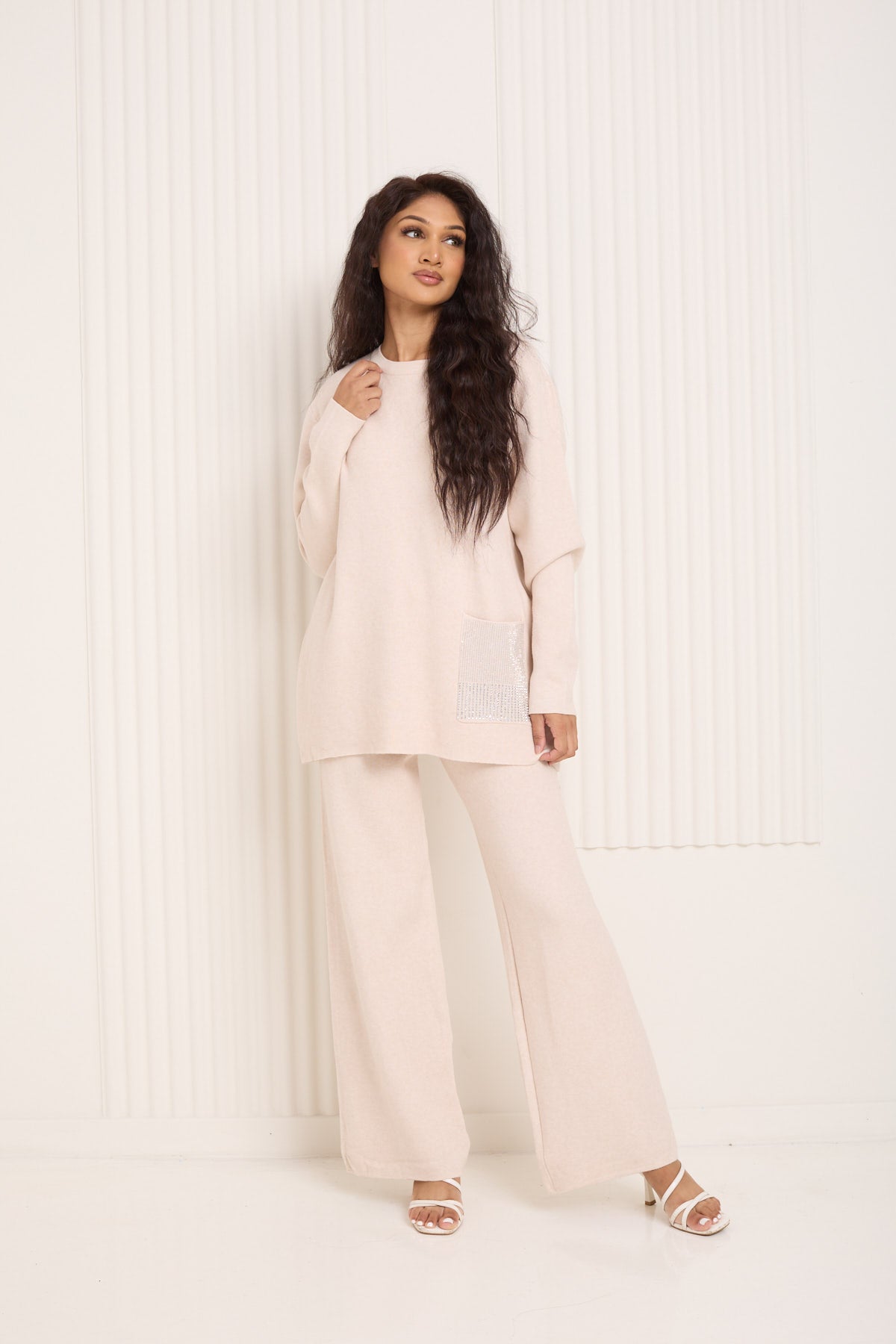 Front pocket sparkle detail co-ord in Beige