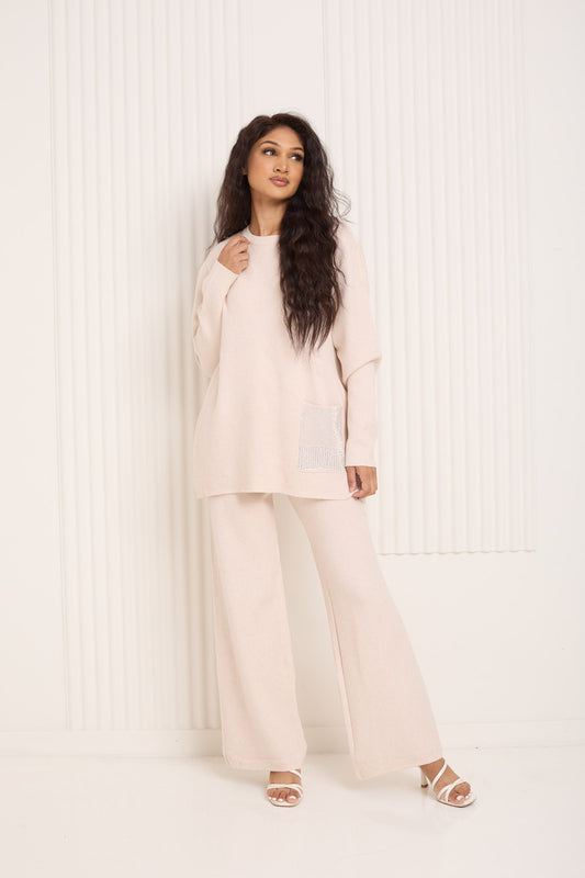 Front pocket sparkle detail co-ord in Beige