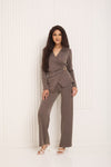 Soft ribbed wrap over co-ord in Taupe