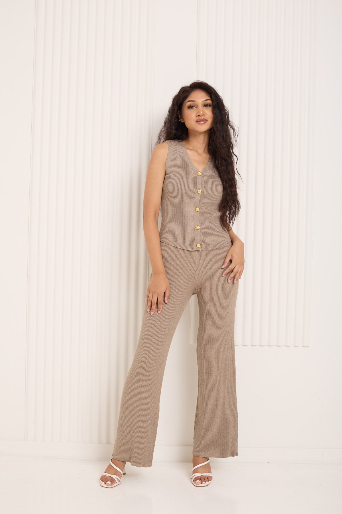 Vest ribbed gold button co-ord in Taupe