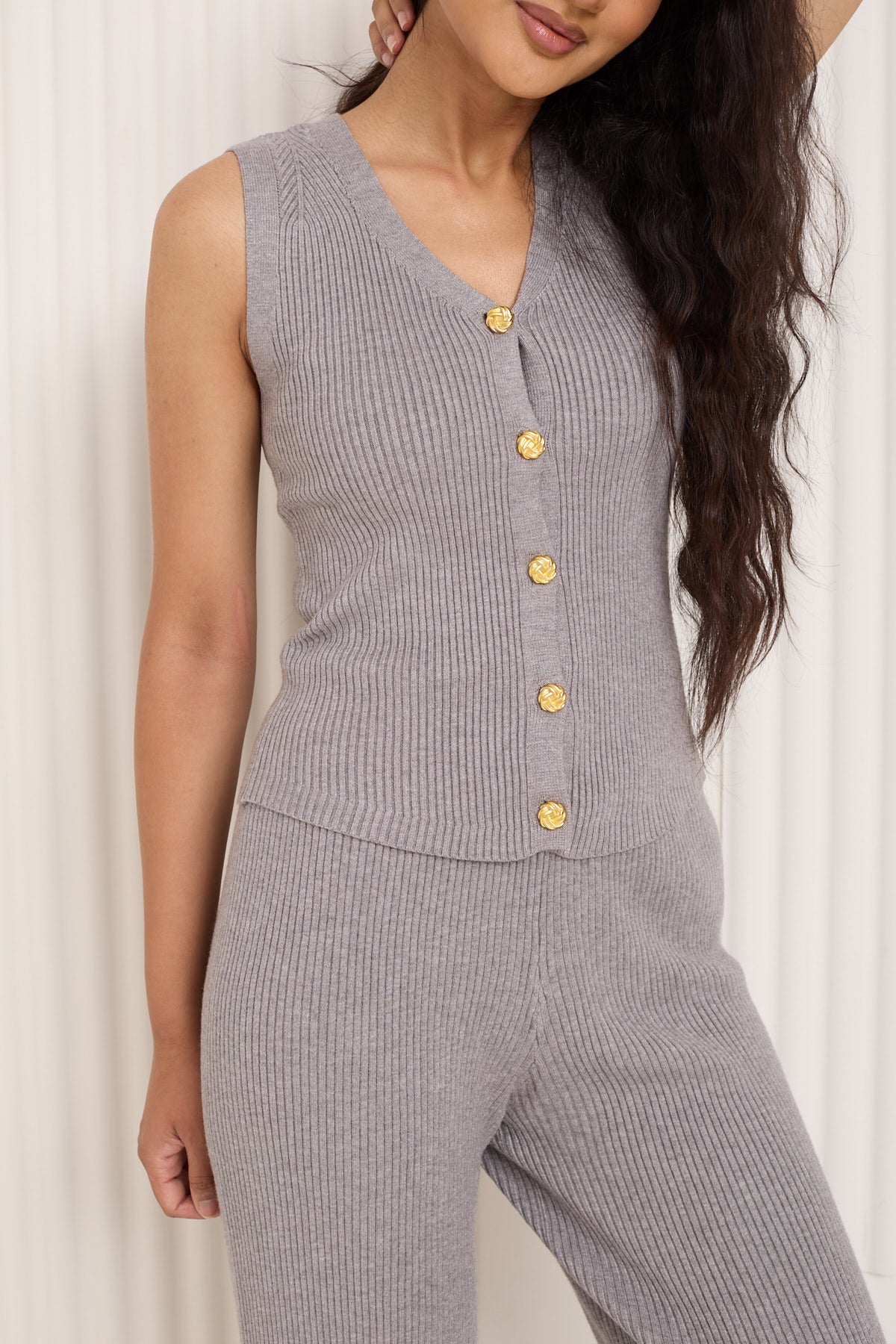 Vest ribbed gold button co-ord in Grey