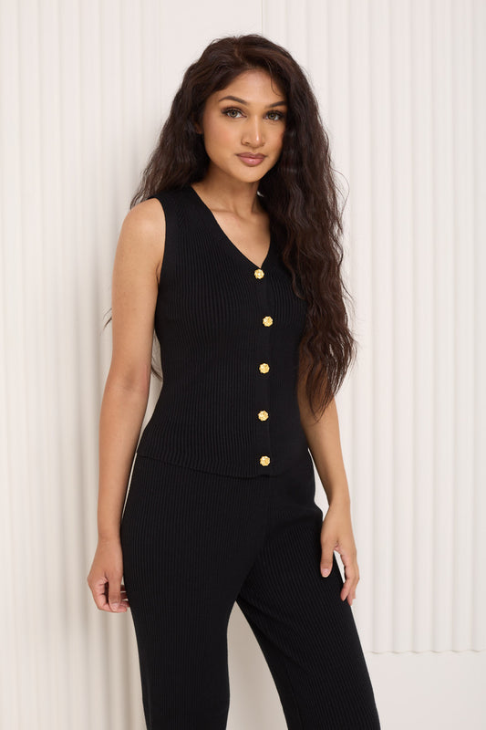 Vest ribbed gold button co-ord in Black