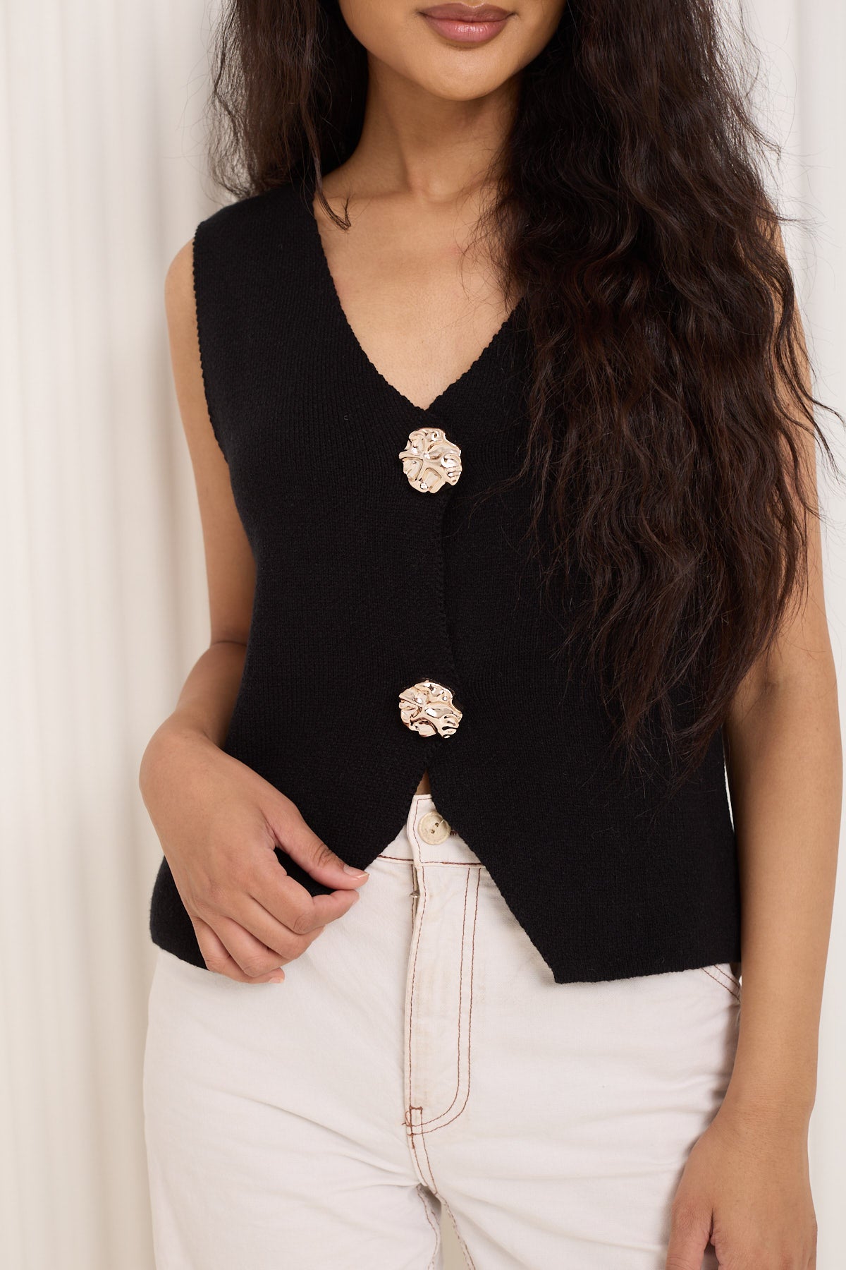 Soft knit button detail vest in Black