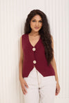 Soft knit button detail vest in Wine