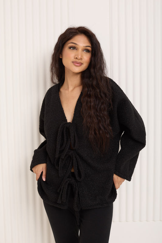 Teddy front knot cardigan top in Black