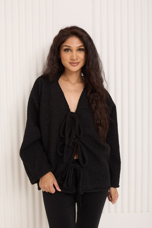 Teddy front knot cardigan top in Black