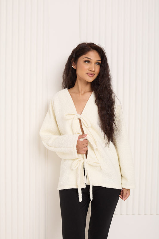 Teddy front knot cardigan top in White