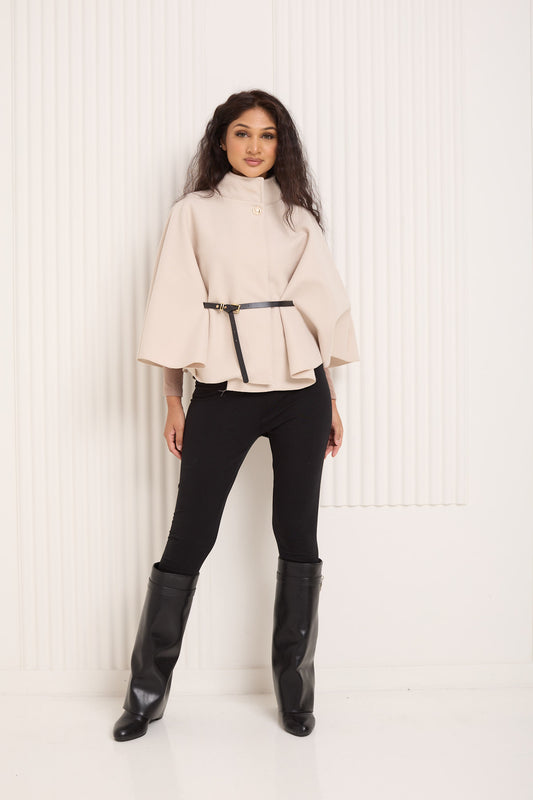 Ribbed belted cape in Beige