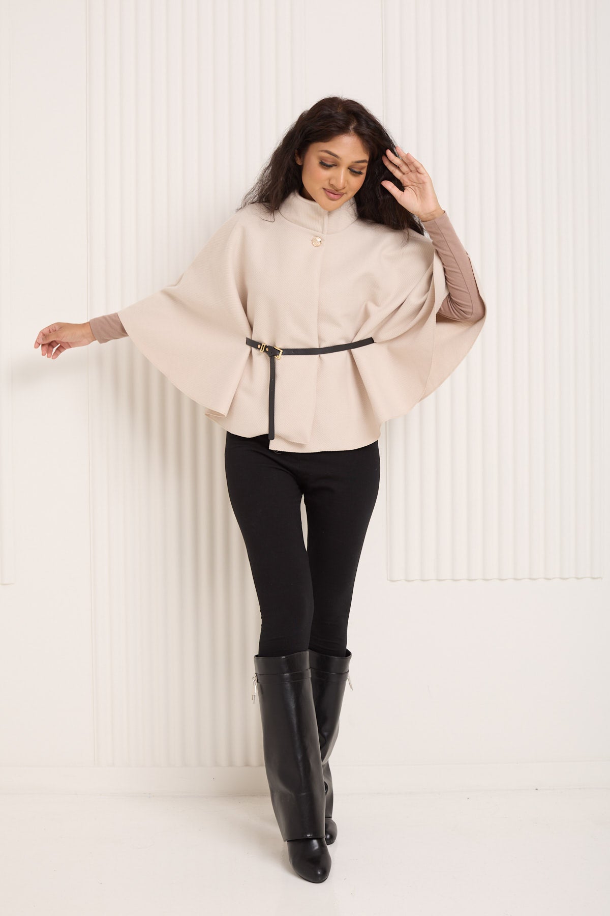 Ribbed belted cape in Beige