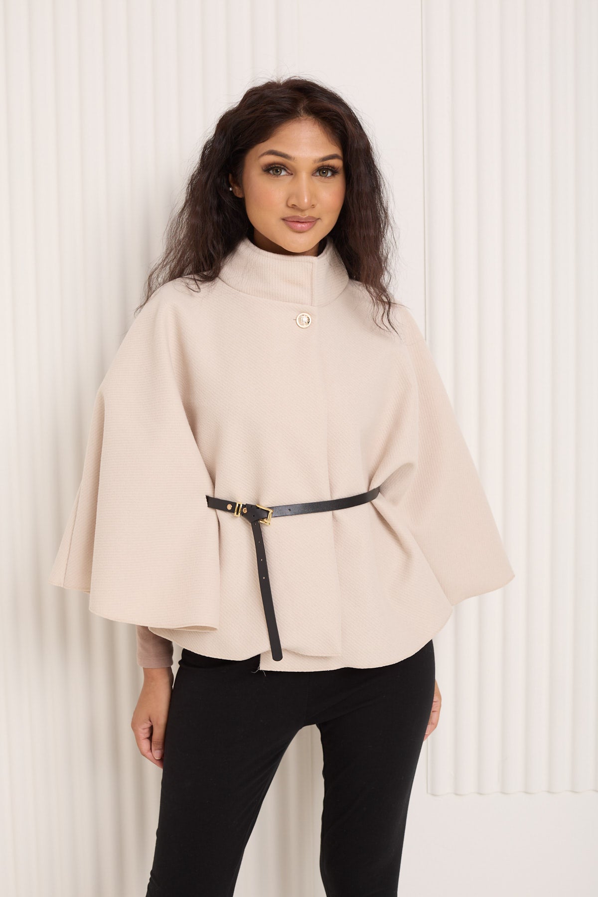 Ribbed belted cape in Beige
