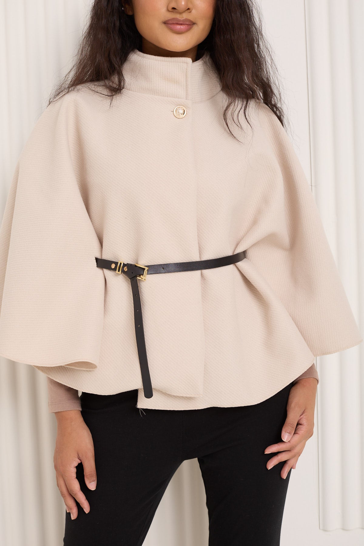 Ribbed belted cape in Beige