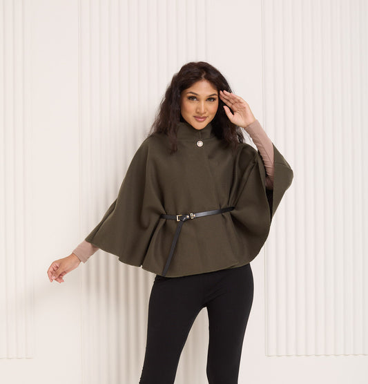 Ribbed belted cape in Khaki