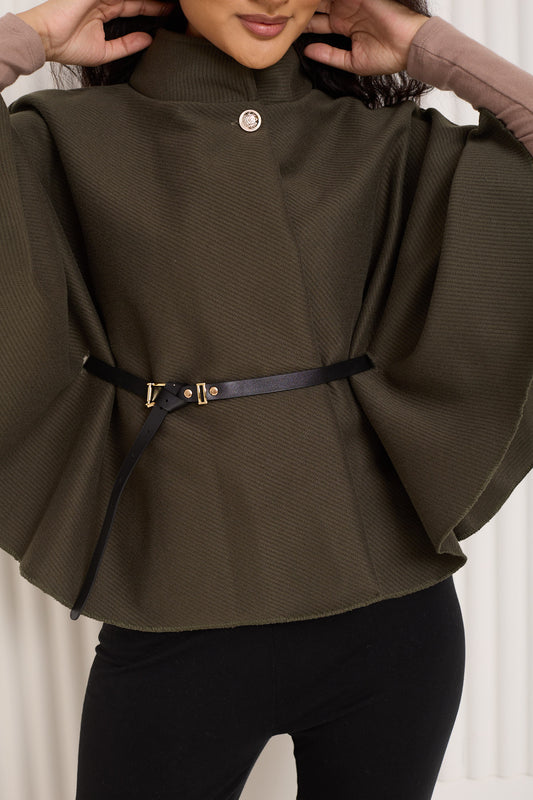 Ribbed belted cape in Khaki