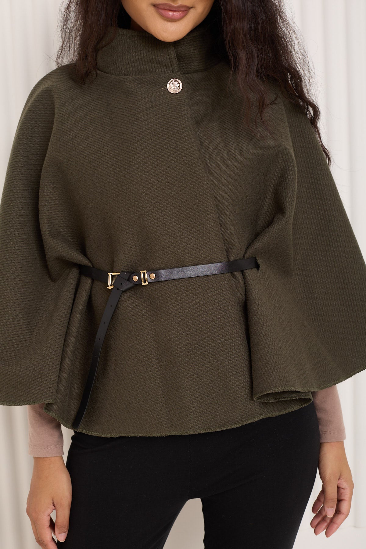 Ribbed belted cape in Khaki