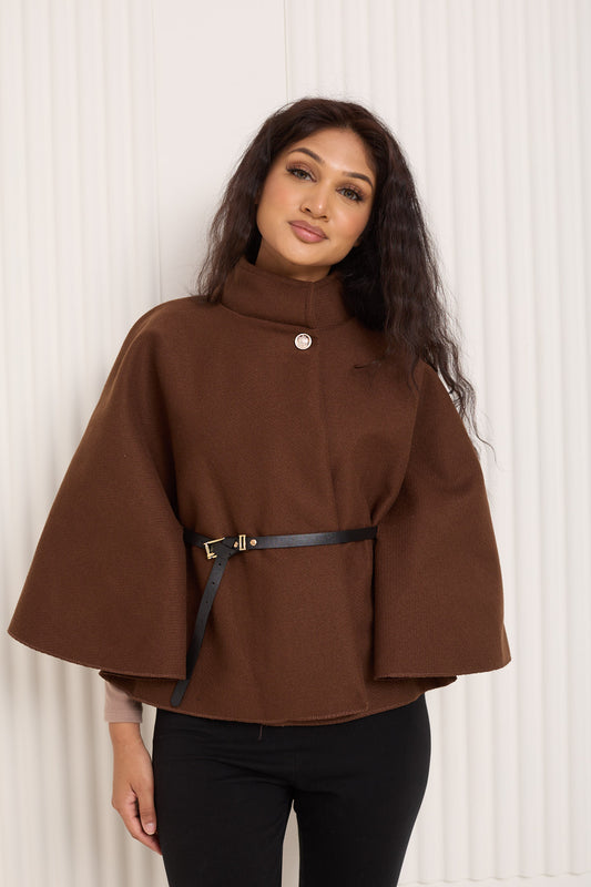 Ribbed belted cape in Choco
