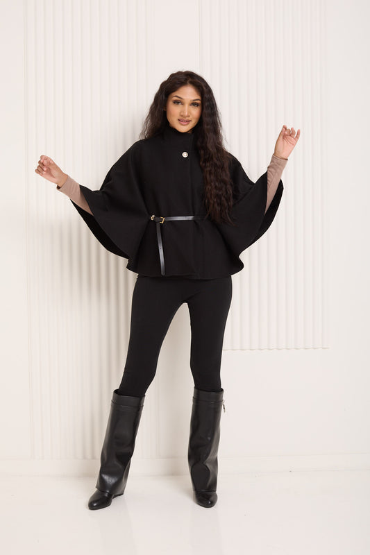 Ribbed belted cape in Black
