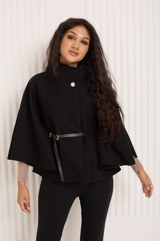 Ribbed belted cape in Black