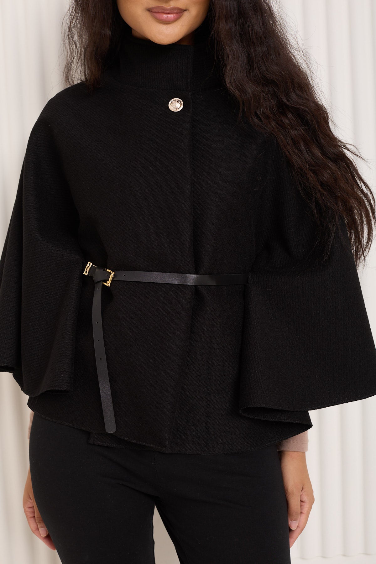 Ribbed belted cape in Black
