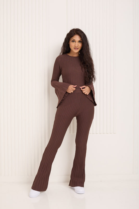 Ribbed flared co-ord in Choco
